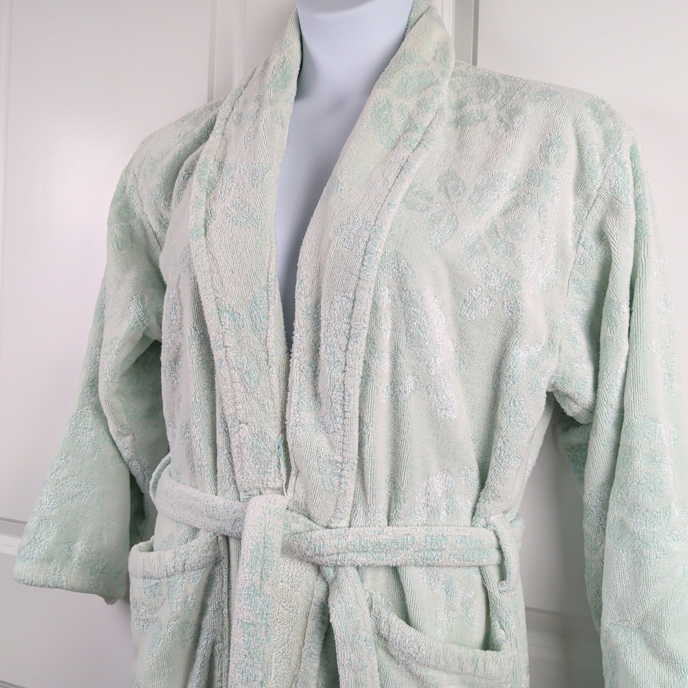 Bassetti Robe Made Italy Cotton Modal Mint Terry Bathrobe Floral Jacquard Belt